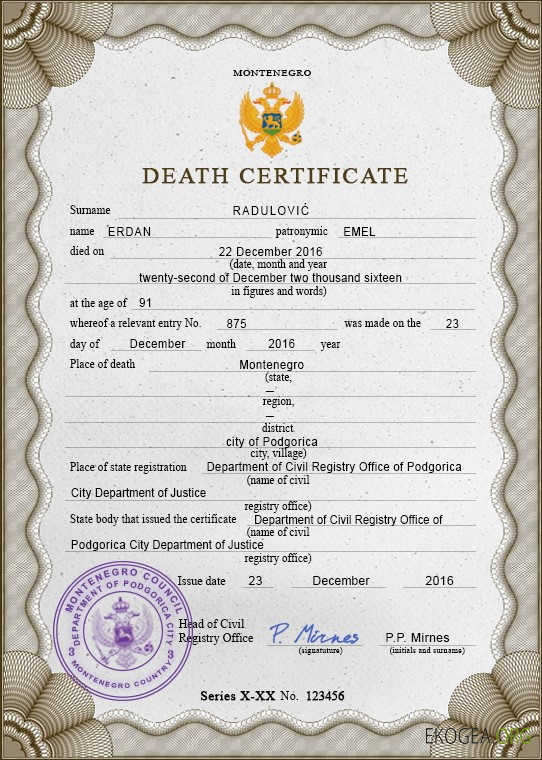 Modèle PSD de certificat de décès de l'état civil du Monténégro